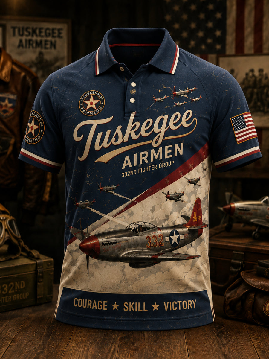 Men's Retro Red Tails Tuskegee Airmen Aircraft Print Polo Shirt